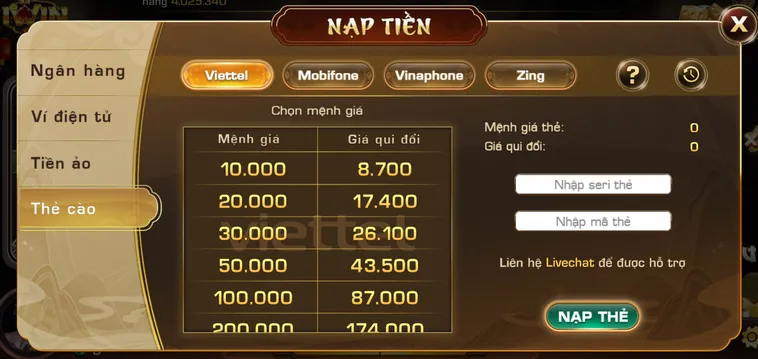 Nạp tiền bằng thẻ cào  - phương thức tiện lợi  - luôn được ưu tiên lựa chọn tại Iwin.